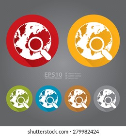 Vector : Circle World, Earth, Globe With Magnifier Glass Flat Long Shadow Style Icon, Label, Sticker, Sign or Banner