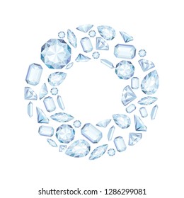 Vector circle wreath frame with diamonds and crystals pastel color background with bright gem 