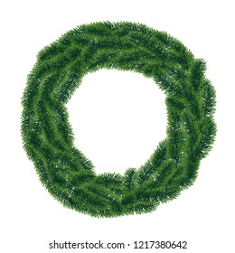 Vector circle wreath made from coniferous tree branches with needle leaves on white background.