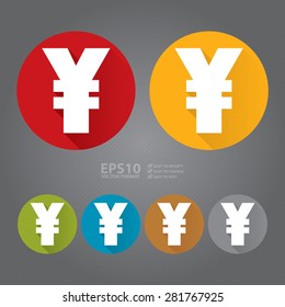 Vector : Circle Yuan, Yen Currency Flat Long Shadow Style Icon, Label, Sticker, Sign or Banner 
