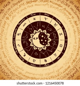 Vector circle of the Zodiac with icons, names, signs, constellations, Sun and Moon on the background of an ancient manuscript in retro style