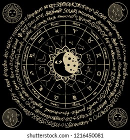 Vector circle of the Zodiac with icons, names, signs, constellations, Sun and Moon on the black background with ancient inscriptions in retro style