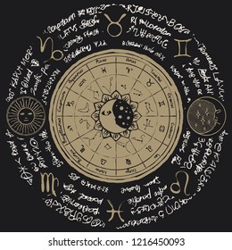 Vector circle of the Zodiac with icons, names, signs, constellations, Sun and Moon on the black background with ancient mystic inscriptions in retro style