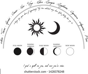 Vector circle of the Zodiac with icons, names, signs, constellations, horoscope, Sun and Moon on the black background with ancient mystic inscriptions in retro style - Vektör