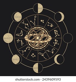 Círculo vectorial de los signos del Zodíaco con constelaciones, fases lunares y Sistema Geocéntrico Ptolemaico sobre fondo negro. Ilustración dibujada a mano en estilo vintage sobre un tema astrológico