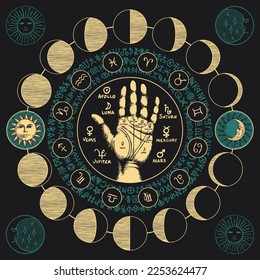 Vector circle of Zodiac signs with hand with signs on the palm for palmistry, Sun and and moon phases. Retro banner with horoscope symbols for astrological forecasts. magic runes written in a circle