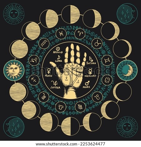 Vector circle of Zodiac signs with hand with signs on the palm for palmistry, Sun and and moon phases. Retro banner with horoscope symbols for astrological forecasts. magic runes written in a circle
