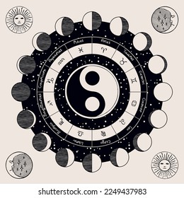 Vector circle of Zodiac signs with hand-drawn yin yang oriental symbol, Sun and and moon phases. Retro banner with horoscope symbols for astrological forecasts.