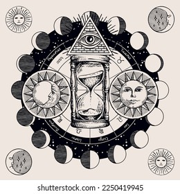 Vector circle of Zodiac signs with hand-drawn hourglass, Sun and and moon phases. Retro banner with horoscope symbols for astrological forecasts. Masonic symbol all-seeing eye