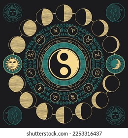 Vector circle of Zodiac signs with hand-drawn yin yang oriental symbol, Sun and and moon phases. Retro banner with horoscope symbols for astrological forecasts. magic runes written in a circle