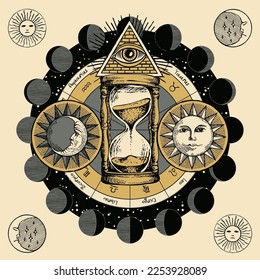 Vector circle of Zodiac signs with hand-drawn hourglass, Sun and and moon phases. Retro banner with horoscope symbols for astrological forecasts. Masonic symbol all-seeing eye