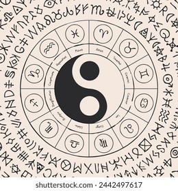 Vector circle of Zodiac signs with hand-drawn yin yang oriental symbol. Retro banner with horoscope symbols for astrological forecasts. magic runes written in a circle