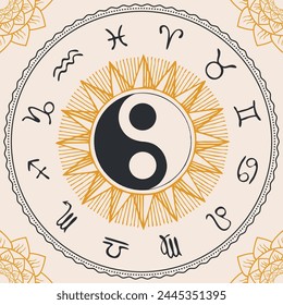 Vector circle of Zodiac signs with hand-drawn yin yang oriental symbol. Retro banner with horoscope symbols for astrological forecasts.