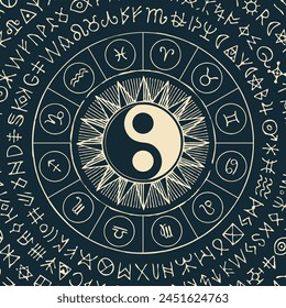 Vector circle of Zodiac signs with hand-drawn yin yang oriental symbol. Retro banner with horoscope symbols for astrological forecasts. magic runes written in a circle