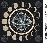 Vector circle of the Zodiac signs with icons, names, moon phases and Ptolemaic Geocentric System on a black background. Hand-drawn illustration in vintage style on an astrological theme