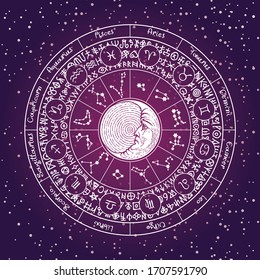 Vector circle of Zodiac signs with icons, names, constellations, Moon and magic runes written in a circle on the background of the starry sky. Horoscope symbols for astrological prediction