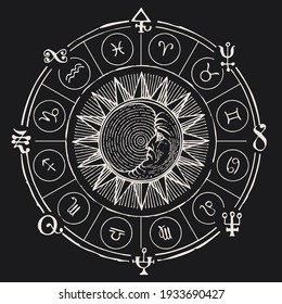 Vector circle of Zodiac signs with icons, hand-drawn Sun and Moon on a black background. Monochrome banner in retro style with horoscope symbols for astrological forecasts. Chalk drawing