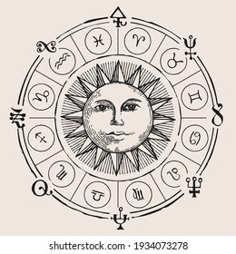 Vector circle Zodiac signs and icons   hand  drawn Sun an old paper background  Monochrome banner in retro style and horoscope symbols for astrological predictions