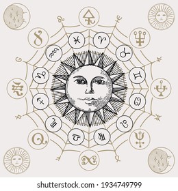 Círculo vectorial de signos zodiacales con iconos, símbolos esotéricos y sol dibujado a mano sobre un fondo de papel antiguo. Banner decorativo en estilo retro con símbolos de horóscopo para predicciones astrológicas