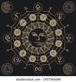 Vector circle of Zodiac signs with icons, esoteric symbols and a hand-drawn Sun on a black background. Mystical banner in retro style with horoscope symbols for astrological predictions