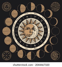 Vector circle of the Zodiac signs with icons, names, constellations, moon phases, hand-drawn Sun and Moon on black background. Decorative banner in retro style on the theme of horoscopes and astrology