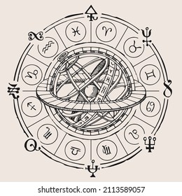 Vector circle the Zodiac signs and icons   hand  drawn Ptolemaic Geocentric System an old paper  Monochrome banner and horoscope symbols for astrological predictions in vintage style