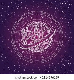 Vector circle of the Zodiac signs with icons, names and Ptolemaic Geocentric System on the background of the starry sky. Decorative banner for astrological forecasts and horoscopes. Contour drawings