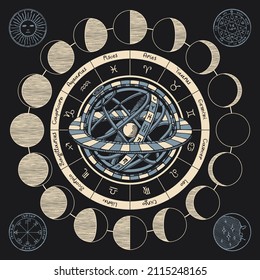 Círculo vectorial de los signos Zodiac con iconos, nombres, fases lunares y Sistema Geocéntrico Ptolemático sobre un fondo negro. Ilustración dibujada a mano en estilo vintage sobre un tema astrológico