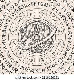 Vector circle of the Zodiac signs with icons, Ptolemaic Geocentric System and magic runes written in a circle. Hand-drawn banner in vintage style with horoscope symbols for astrological forecasts