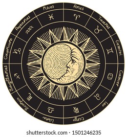 Vector circle of the Zodiac signs in retro style with icons, names, hand-drawn Sun and Moon in black and gold colors.