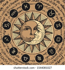 Vector circle of the Zodiac signs in retro style with icons, decorated with hand-drawn sun and crescent moon in black and beige colors. Banner with old manuscript in retro style written in a circle.