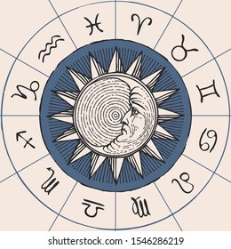 Vector circle of the Zodiac signs in retro style with hand-drawn Sun and crescent Moon. Horoscope circle with twelve symbols for astrological forecasts