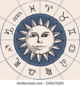 Vector circle of the Zodiac signs in retro style with hand-drawn Sun. Horoscope circle with twelve symbols for astrological forecasts