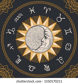 Vector circle of the Zodiac signs in retro style with hand-drawn Sun, crescent Moon and floral patterns in the corners. Horoscope circle with twelve symbols for astrological forecasts