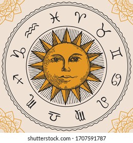 Vector circle of the Zodiac signs in retro style with hand-drawn Sun and floral patterns in the corners. Decorative banner with twelve horoscope symbols for astrological forecasts