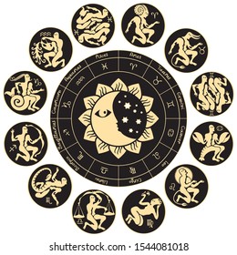 Vector circle of the Zodiac signs with Sun and crescent Moon. Horoscope circle with twelve symbols in antique style for astrological forecasts