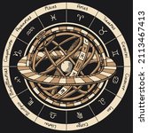 Vector circle of the Zodiac signs in vintage style with icons, names and Ptolemaic Geocentric System on a black background. Hand-drawn illustration on an astrological theme