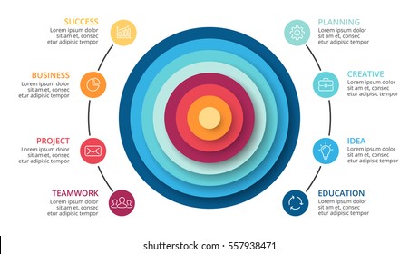 Vector circles abstract 3D pyramid infographic, cycle diagram, graph, presentation chart. Business infographics with 8 options, parts, step, process. 16x9 slide. White background. Simple modern design