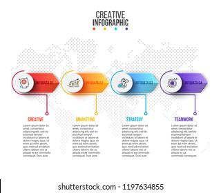 Vector circles with arrows for infographic. Business data visualization. Presentation with 4 steps, options, parts or processes. Dotted world map.