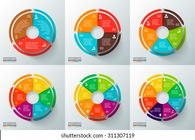 Círculos vectoriales con flechas para infografía. Plantilla para diagrama de ciclo, gráfico, presentación y gráfico circular. Concepto de negocio con 3, 4, 5, 6, 7 y 8 opciones, piezas, pasos o procesos.