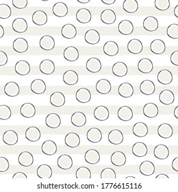 Vector Circles Beige White Purple Scattered on White Beige Stripes Seamless Repeat Pattern. Background for textiles, cards, manufacturing, wallpapers, print, gift wrap and scrapbooking.