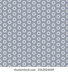 Vector circles graphics. Seamless vector line art ring pattern with simple modern geometric design. Polka dot outline fashion print. White rings on silver grey background.