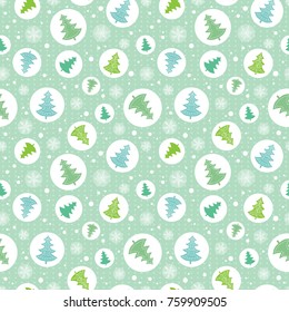 Vector circles with green, blue christmas trees in circles ornamemtns holiday seamless pattern. Great for fabric, wallpaper, packaging, giftwrap.