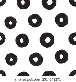 Vector circles pattern with abstract doughnut elements. Seamless background created digitally with a tablet. Seamless hand drawn doodle print. Irregular composition. Black and white illustration
