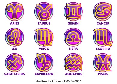 Vector circles purple astrology Signs, 12 Zodiac symbols. App icons for Ui Game