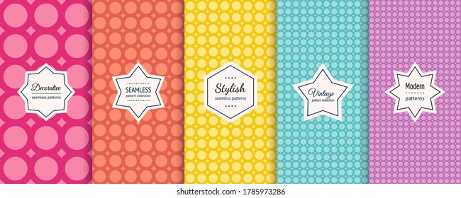 Vector circles seamless patterns collection. Set of colorful background swatches with elegant minimal labels. Abstract textures with circular grid, polka dot design. Pink, orange, yellow, blue, purple
