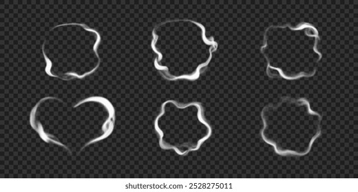 Vector circles of smoke rings, wavy round steam and fog. Set of realistic swirl mist and haze isolated on transparent background