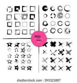 Vector circles, squares, stars and crosses. Brush strokes collection. Hand drawn texture elements.