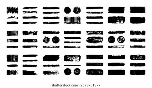 Vector circles, straight-line black brush strokes, and boxes. Hand-drawn black stripes and smears. Set of the Japanese or Chinese calligraphy brush strokes. Sketch grunge rectangles and circles.