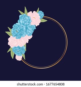 Vector circlet frame with hand drawn illustration of blue and pink peonies with leaves and gold round border on classic blue background. Best wor wedding design, brochure, leaflet and invintation.